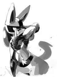 Rule 34 | 1boy, absurdres, animal ears, arm at side, arm up, body fur, covering own mouth, cowboy shot, creatures (company), furry, furry male, game freak, gen 4 pokemon, greyscale, highres, looking to the side, lucario, male focus, monochrome, multicolored fur, navel, nintendo, pokemon, pokemon (creature), sketch, snout, solo, spikes, standing, stomach, syuya, tail, wolf boy, wolf ears, wolf tail