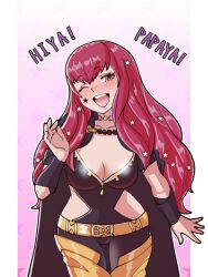 Rule 34 | 1girl, ;d, belt, black bodysuit, black cape, blush, bodysuit, breasts, cape, choker, cleavage, clothing cutout, collarbone, commentary, english commentary, english text, eyelashes, fire emblem, fire emblem engage, gold belt, gradient background, hair between eyes, hair ornament, hand up, head tilt, high collar, highres, hip vent, long hair, looking at viewer, medium breasts, mnejing30, nintendo, one eye closed, open mouth, outline, pink choker, pink eyes, pink hair, side cutout, smile, solo, standing, star (symbol), star hair ornament, teeth, thigh gap, upper teeth only, white outline, yunaka (fire emblem)