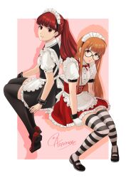 Rule 34 | 2girls, absurdres, aznmeee, commission, commissioner upload, glasses, highres, long hair, looking at viewer, maid, multiple girls, official alternate costume, orange hair, persona, persona 5, persona 5 the royal, ponytail, red eyes, red hair, sakura futaba, skeb commission, thighhighs, yoshizawa kasumi