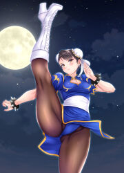 Rule 34 | 1girl, absurdres, alternate costume, ass, blush, boots, bracelet, breasts, brown eyes, brown hair, bun cover, capcom, china dress, chinese clothes, chun-li, cleavage, cleavage cutout, closed mouth, clothing cutout, commentary request, commission, cross-laced footwear, double bun, dress, earrings, fingernails, flexible, full moon, gold trim, hair bun, high heel boots, high heels, highres, jewelry, knee boots, lace-up boots, large breasts, leotard, leotard under clothes, lips, medium breasts, moon, night, night sky, pantyhose, pelvic curtain, puffy short sleeves, puffy sleeves, shiny clothes, short sleeves, siki2046, skeb commission, sky, solo, spiked bracelet, spikes, split, standing, standing on one leg, standing split, star (sky), starry sky, street fighter, street fighter ii (series)