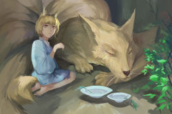 Rule 34 | 1girl, absurdres, alternate costume, animal, animal ears, barefoot, blonde hair, bowl, brown eyes, claws, crying, fox, fox ears, fox tail, hand up, highres, japanese clothes, jiliang ji ying, kimono, kitsune, kyuubi, leaf, looking back, mother and daughter, multiple tails, oversized animal, plant, red eyes, sad, seiza, shadow, short hair, short kimono, sitting, tail, tears, touhou, water, whiskers, yakumo ran, aged down, yukata