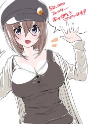 Rule 34 | 1girl, :d, badge, black tank top, breasts, brown hair, button badge, buttons, cabbie hat, cleavage, collarbone, hat, highres, ikari manatsu, kamihira mao, large breasts, milestone celebration, off shoulder, open clothes, open mouth, original, purple eyes, short hair, smile, solo, tank top, waving
