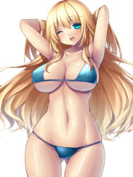 Rule 34 | 10s, 1girl, ;d, armpits, arms behind head, arms up, atago (kancolle), bikini, blonde hair, blue bikini, blush, breasts, collarbone, green eyes, kantai collection, large breasts, long hair, navel, one eye closed, open mouth, simple background, smile, solo, swimsuit, tsukumiya amane, white background