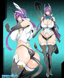 Rule 34 | 1girl, ass, bare shoulders, blue eyes, blush, breasts, cleavage, covered erect nipples, curvy, fei (maidoll), full body, huge ass, huge breasts, long hair, looking at viewer, looking back, parted lips, phantasy star, phantasy star online 2, purple hair, solo, thick thighs, thighs, wide hips