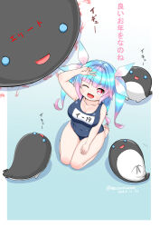 Rule 34 | 1girl, abyssal ship, blue hair, blue one-piece swimsuit, fang, from above, hair ribbon, happy new year, i-19 (kancolle), i-class destroyer, kantai collection, long hair, masara (chuujou), name tag, new year, one-hour drawing challenge, one-piece swimsuit, one eye closed, red eyes, ribbon, school swimsuit, skin fang, smile, solo, star-shaped pupils, star (symbol), swimsuit, symbol-shaped pupils, tri tails