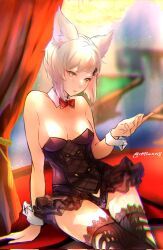 Rule 34 | 1girl, alternate costume, animal ears, bare shoulders, black leotard, black thighhighs, blurry, blurry background, blush, bow, bowtie, breasts, chromatic aberration, cleavage, commission, curtains, detached collar, golden knight (granblue fantasy), granblue fantasy, grey hair, hair ornament, hand up, highres, leotard, looking at viewer, nattsun (018), parted lips, short hair, sitting, skeb commission, small breasts, solo, sparkle, thighhighs, twitter username, wrist cuffs, yellow eyes