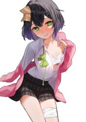 Rule 34 | 1girl, bandaged leg, bandages, black hair, blue hair, blush, bow, bowtie, breasts, chest sarashi, cleavage, collarbone, commentary request, commission, gradient hair, green bow, green bowtie, green eyes, grin, hair ornament, highres, indie virtual youtuber, iriya (vtuber), jacket, looking at viewer, multicolored hair, open clothes, open jacket, opened by self, partially unbuttoned, pink jacket, plaid, plaid skirt, sarashi, school uniform, simple background, skeb commission, skirt, small breasts, smile, solo, takeno omoti, undone bowtie, virtual youtuber, white background, x hair ornament