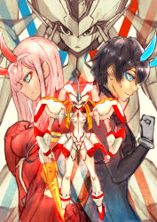 Rule 34 | 10s, 1boy, 1girl, back-to-back, black bodysuit, black hair, blue eyes, blue horns, bodysuit, breasts, clenched hand, commentary request, couple, darling in the franxx, gloves, green eyes, hair ornament, hairband, hand on own chest, hetero, highres, hiro (darling in the franxx), horns, long hair, mecha, medium breasts, oni horns, pilot suit, pink hair, red bodysuit, red gloves, red horns, red pupils, robot, sabamiso taro, short hair, strelizia, white gloves, white hairband, zero two (darling in the franxx)