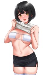 Rule 34 | 1girl, bikini, black hair, black skirt, clothes lift, commentary request, eyepatch bikini, highres, idolmaster, idolmaster cinderella girls, lifted by self, looking at viewer, open mouth, short hair, simple background, skirt, smile, solo, sweater, sweater lift, swimsuit, takafuji kako, thighhighs, thighs, tomajiyama, white background, white bikini, white sweater, white thighhighs, yellow eyes