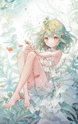 Rule 34 | 1girl, :o, air bubble, animal, barefoot, blush, breasts, brown eyes, bubble, commentary request, crossed legs, dress, fish, frilled dress, frills, green hair, green nails, highres, knees up, nail polish, niwako, original, parted lips, pointy ears, sleeveless, sleeveless dress, small breasts, solo, toenail polish, toenails, underwater, water, white dress