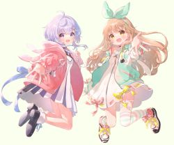 Rule 34 | 2girls, :o, animal hood, asymmetrical legwear, blush, bow, bow hairband, brown hair, choker, dress, green jacket, hair ornament, hairband, hairclip, highres, hood, indie utaite, indie virtual youtuber, jacket, jacket partially removed, jumping, long hair, looking at viewer, m ydayo, medium hair, multiple girls, nanahira, official art, open hand, open mouth, orange eyes, outstretched arm, pink jacket, purple eyes, purple hair, rabbit hood, reaching, reaching towards viewer, ribbon, ribbon-trimmed skirt, ribbon trim, shoes, striped clothes, striped legwear, striped thighhighs, suzumi shiro (singer), thighhighs, very long hair, virtual youtuber, vocaloid, vsinger, white background