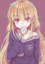 Rule 34 | 1girl, blonde hair, candy, clenched teeth, collarbone, commentary, eyes visible through hair, food, futaba anzu, hair between eyes, hair ribbon, highres, idolmaster, idolmaster cinderella girls, lollipop, long hair, looking at viewer, low twintails, nanatsugumi, oversized clothes, red eyes, ribbon, simple background, sketch, sleeves past wrists, solo, swirl lollipop, teeth, twintails, upper body