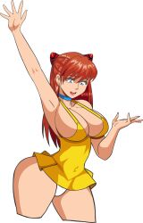 Rule 34 | 1girl, absurdres, alcione makoto, alternate breast size, bare legs, breasts, cleavage, covered navel, dress, expressionless, green eyes, highres, large breasts, legs, lips, neon genesis evangelion, orange hair, panties, short dress, solo, souryuu asuka langley, sundress, thick thighs, thighs, thong, underwear, white panties, wide hips, yellow dress