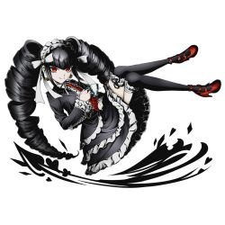 Rule 34 | 10s, 1girl, alpha transparency, black hair, black thighhighs, bonnet, celestia ludenberg, claw ring, danganronpa: trigger happy havoc, danganronpa (series), danganronpa 3 (anime), divine gate, dress, drill hair, frilled dress, frills, full body, gothic lolita, headdress, high heels, holding, lace, lace-trimmed legwear, lace trim, layered dress, lolita fashion, long hair, looking at viewer, necktie, official art, red eyes, red necktie, shadow, smile, solo, thighhighs, transparent background, ucmm, very long hair
