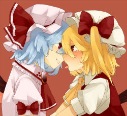 Rule 34 | 2girls, ascot, bad id, bad pixiv id, blonde hair, blue hair, blush, brooch, eye contact, face-to-face, female focus, flandre scarlet, grin, hat, incest, jewelry, looking at another, multiple girls, neckerchief, profile, red eyes, remilia scarlet, short hair, siblings, sisters, smile, tongue, touhou, tyaka, upper body, yomosaka, yuri