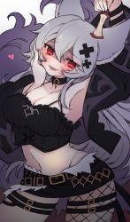 Rule 34 | 1girl, alter ego malevolent (granblue fantasy), animal ears, apple, bad id, bad twitter id, belt, breasts, choker, cleavage, crop top, erune, fishnet legwear, fishnets, food, fruit, granblue fantasy, grey hair, hair ornament, hairclip, hand on own cheek, hand on own face, hand up, heart, highres, k0bo43, looking at viewer, midriff, navel, nier (granblue fantasy), open mouth, red eyes, shaded face, single leg pantyhose, smile, solo, tank top