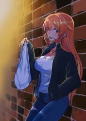 Rule 34 | 1girl, absurdres, bag, blue eyes, blush, charlotte e. yeager, denim, emirio (emirio110), highres, jacket, jeans, jewelry, long hair, looking at viewer, open mouth, orange hair, pants, pendant, strike witches, wall, world witches series
