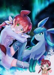 Rule 34 | 1girl, alternate costume, aurora, blue dress, blue thighhighs, braid, chibi, chloe (pokemon), cosplay, creatures (company), dress, eevee, game freak, gen 1 pokemon, gen 4 pokemon, glaceon, green eyes, hair ornament, hair scrunchie, head rest, highres, imagining, long braid, long sleeves, looking at viewer, maroon hair, melony (pokemon), melony (pokemon) (cosplay), night, nintendo, noppe, open mouth, outdoors, over-kneehighs, pink scarf, pokemon, pokemon (anime), pokemon journeys, pokemon swsh, scarf, scrunchie, short dress, single braid, sitting, sky, star (sky), starry sky, thighhighs