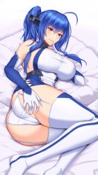 Rule 34 | 1girl, ahoge, akitsuki karasu, argyle, argyle clothes, argyle cutout, ass, ass grab, azur lane, bare shoulders, blue dress, blue hair, blush, breasts, butt crack, buttons, closed mouth, clothing cutout, collar, dress, elbow gloves, finger to mouth, garter straps, gloves, hair between eyes, hair ornament, highres, index finger raised, large breasts, legs, long hair, looking at viewer, lying, metal collar, on side, panties, purple eyes, short dress, side ponytail, sidelocks, silver dress, smile, st. louis (azur lane), thighhighs, thighs, underwear, white dress, white gloves, white panties, white thighhighs