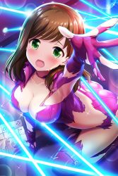 Rule 34 | 1girl, absurdres, alternative girls, ass, bodysuit, breasts, brown hair, catsuit, cleaver, green eyes, highres, hirose koharu, indoors, large breasts, laser, long hair, looking at viewer, official art, open hand, open mouth, pink bodysuit, sitting, solo, torn bodysuit, torn clothes