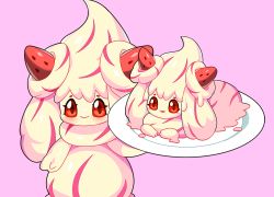 Rule 34 | alcremie, alcremie (strawberry sweet), alcremie (vanilla cream), blush, closed mouth, creatures (company), drunkoak, food, fruit, game freak, gen 8 pokemon, hand up, happy, holding, holding tray, looking at viewer, nintendo, open mouth, pink background, pokemon, pokemon (creature), red eyes, simple background, smile, standing, strawberry, tray