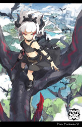 Rule 34 | 1girl, bare shoulders, blue sky, blurry, city, cloud, day, depth of field, dragon, floating hair, flying, from above, highres, horns, jong tu, katana, letterboxed, long hair, navel, pixiv fantasia, pixiv fantasia 5, red eyes, ringed eyes, sky, solo, sword, tree, weapon, white hair