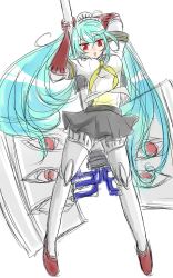 Rule 34 | 1girl, android, aqua hair, atlus, axe, battle axe, blue hair, female focus, full body, headphones, joints, labrys (persona), long hair, mugetsu kiryu, persona, persona 4, persona 4: the ultimate in mayonaka arena, pleated skirt, ponytail, red eyes, robot joints, school uniform, skirt, solo, uniform, very long hair, weapon, white background