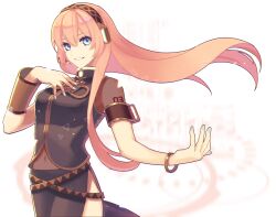 Rule 34 | 1girl, black skirt, blue eyes, blue nails, bracelet, breasts, brown hairband, commentary, cowboy shot, hairband, hand on own chest, jewelry, ktsis, long hair, medium breasts, megurine luka, navel, pink hair, shirt, side slit, skirt, smile, solo, vocaloid