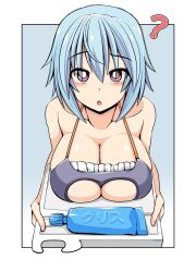 Rule 34 | 1girl, ?, blue hair, breast rest, breasts, breasts on tray, carried breast rest, carrying, cleavage, collarbone, eyes visible through hair, frame arms girl, highres, holding, holding tray, hresvelgr, imagawa akira, large breasts, purple eyes, solo, translation request, tray, tube, upper body