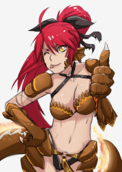 Rule 34 | 1girl, bankage, breasts, cleavage, female focus, long hair, looking at viewer, monster girl, monster girl encyclopedia, navel, one eye closed, ponytail, red hair, salamander (monster girl encyclopedia), scale, smile, solo, tail, yellow eyes