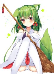 Rule 34 | 1girl, :t, animal ear fluff, animal ears, bare shoulders, bell, blush, bow, bridal gauntlets, broom, cameltoe, closed mouth, commentary request, detached sleeves, feet out of frame, green hair, hair bell, hair between eyes, hair bow, hair ornament, holding, holding broom, japanese clothes, jingle bell, kimono, knees up, long hair, long sleeves, maki soutoki, miko, original, panties, pleated skirt, pout, red bow, red eyes, red skirt, sitting, skirt, sleeveless, sleeveless kimono, solo, tail, tail raised, thighhighs, underwear, very long hair, white background, white kimono, white panties, white sleeves, white thighhighs, wide sleeves