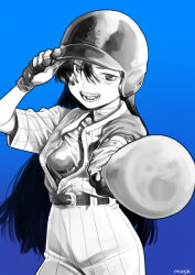 Rule 34 | 1girl, absurdres, adjusting clothes, adjusting headwear, ado (utaite), artist name, baseball bat, baseball helmet, baseball uniform, blue background, breasts, cloud nine inc, commentary request, cowboy shot, foreshortening, gloves, greyscale with colored background, hair between eyes, hand up, helmet, highres, holding, holding baseball bat, jumpsuit, long hair, looking at viewer, medium breasts, mushroom (osh320), open mouth, outstretched arm, pinstripe pattern, readymade (ado), shirt, short sleeves, simple background, smile, solo, sportswear, striped, taut clothes, taut shirt, undershirt, uneven eyes, utaite, v-shaped eyebrows