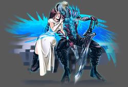 Rule 34 | 1boy, 1girl, abs, absurdres, alternate form, blue skin, brown hair, claws, colored skin, couple, darklitria, demon boy, devil may cry (series), devil may cry 5, devil trigger, dress, glowing, glowing wings, grey background, highres, horns, kyrie, long hair, monster boy, multicolored skin, nero (devil may cry), parted lips, red queen (sword), shoulder spikes, silver hair, simple background, sitting, smile, spikes, sword, two-tone skin, weapon, wings, yellow eyes