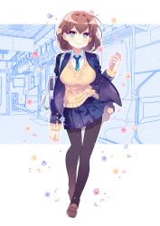 Rule 34 | 1girl, ai-chan (tawawa), arm at side, bag, black pantyhose, blazer, blue eyes, blue skirt, blush, braid, breasts, brown footwear, brown hair, closed mouth, collared shirt, full body, getsuyoubi no tawawa, holding, ie (nyj1815), jacket, large breasts, loafers, long sleeves, necktie, open clothes, open jacket, pantyhose, petals, pleated skirt, school bag, school uniform, shirt, shoes, short hair, skirt, smile, solo, standing, sweater, sweater vest, train interior, white shirt, wing collar, yellow sweater vest