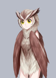 Rule 34 | 1girl, bird, black eyes, colored sclera, commentary, eyebrows, feathered wings, harpy, highres, jiffic, monster girl, no hands, original, owl, simple background, smile, solo, thick eyebrows, winged arms, wings, yellow sclera