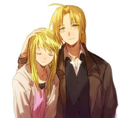 Rule 34 | 1boy, 1girl, blonde hair, coat, couple, edward elric, closed eyes, formal, fullmetal alchemist, hand on another&#039;s head, happy, jacket, long hair, looking at another, pink shirt, ponytail, riru, shirt, simple background, smile, suit, white background, winry rockbell, yellow eyes