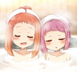 Rule 34 | 2girls, :d, ahoge, blush, brown hair, character request, collarbone, closed eyes, fence, guriin, harumi shinju, highres, multiple girls, nude, onsen, open mouth, parted lips, partially submerged, purple hair, smile, steam, tokyo 7th sisters, towel, towel on head, upper body
