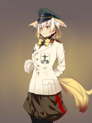 Rule 34 | 10s, 1girl, animal ears, arm behind back, blonde hair, bonkiru, bow, brown eyes, closed mouth, cosplay, cowboy shot, erwin rommel, erwin rommel (cosplay), fennec (kemono friends), fox ears, fox tail, from side, fur trim, gloves, gradient background, hat, highres, japari symbol, kemono friends, long sleeves, lucky beast (kemono friends), medal, military, military uniform, multicolored hair, pants, peaked cap, short hair, solo, standing, tail, two-tone hair, uniform, white gloves, white hair, yellow bow