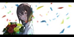 Rule 34 | 1girl, absurdres, blush, bouquet, brown eyes, brown hair, confetti, flower, hair between eyes, hato kan, headband, headgear, highres, holding, holding bouquet, jacket, kantai collection, letterboxed, looking at viewer, red flower, red rose, rose, short hair, simple background, solo, taihou (kancolle), upper body, white background, white flower, white rose, yellow flower, yellow rose