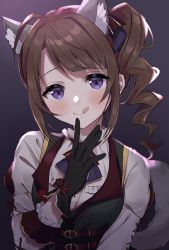 Rule 34 | 1girl, :q, ahoge, animal ear fluff, animal ears, belt buckle, black gloves, black jacket, blouse, blue eyes, blush, bow, brown hair, buckle, drill hair, finger to mouth, gloves, idolmaster, idolmaster million live!, jacket, licking lips, red bow, shirt, side drill, side ponytail, sleeve cuffs, standing, tail, tongue, tongue out, unizuma eleven, upper body, vest, white shirt, wolf ears, wolf tail, yokoyama nao