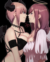 Rule 34 | 2girls, alternate costume, angel, angel and devil, angel wings, arm at side, armlet, bare shoulders, black background, black bra, black choker, black horns, black wings, blue eyes, blush, bra, breast press, breasts, brown hair, choker, cleavage, closed mouth, commentary, couple, demon girl, demon wings, dress, english commentary, eye contact, face-to-face, female focus, from side, go-toubun no hanayome, hair between eyes, hallovveen, halo, heart, horns, imminent kiss, incest, large breasts, light brown hair, long hair, looking at another, multiple girls, nakano ichika, nakano miku, puffy short sleeves, puffy sleeves, short hair, short sleeves, siblings, simple background, sisters, smile, tears, underwear, upper body, white dress, white wings, wings, yuri