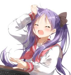 Rule 34 | 1girl, :o, absurdres, annoyed, arm up, black ribbon, blush, closed eyes, commentary request, hair ribbon, highres, hiiragi kagami, keyboard (computer), long hair, long sleeves, lucky star, neckerchief, open mouth, pentagon (railgun ky1206), pink neckerchief, pink sailor collar, purple hair, ribbon, sailor collar, school uniform, serafuku, shirt, simple background, sleeves past wrists, solo, twintails, v-shaped eyebrows, white background, white shirt