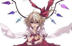 Rule 34 | 1girl, ascot, blonde hair, dress, female focus, flandre scarlet, frills, hair ribbon, long hair, no pupils, red dress, red eyes, ribbon, side ponytail, simple background, smile, solo, torn clothes, touhou, vector trace, white background, wings