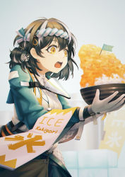 Rule 34 | 1girl, arknights, black hair, bowl, chinese commentary, commentary request, flag, food, gloves, grey background, hachimaki, headband, highres, holding, holding bowl, long sleeves, magallan (arknights), magallan (shaved-ice memories) (arknights), multicolored hair, nejiri hachimaki, official alternate costume, open mouth, shaved ice, shirt, short hair, solo, streaked hair, tassos, upper body, white gloves, white hair, white shirt, yellow eyes