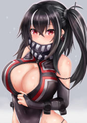 Rule 34 | 1girl, absurdres, azur lane, bare shoulders, black hair, black one-piece swimsuit, breasts, cleavage, clothing cutout, covered navel, earrings, highleg, highleg swimsuit, highres, jewelry, large breasts, long hair, long sleeves, looking at viewer, multicolored hair, one-piece swimsuit, red eyes, ryara, shoulder cutout, side ponytail, sidelocks, smile, solo, streaked hair, swimsuit, u-47 (azur lane), unzipped, upper body, wet