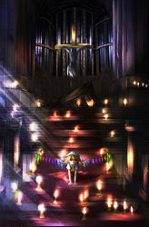 Rule 34 | 1girl, absurdres, ascot, blonde hair, candle, cross, damaged, flandre scarlet, hachidori tou, hands on floor, hat, highres, indoors, light particles, light rays, long skirt, looking at viewer, mob cap, moonlight, night, pillar, red carpet, red eyes, red pupils, red skirt, red vest, shirt, short hair, short sleeves, side ponytail, sitting, skirt, slit pupils, solo, stairs, statue, torn carpet, touhou, wariza, white shirt, window, wings