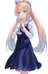 Rule 34 | 1girl, alternate costume, belt, blue belt, blue dress, blue hair, bow, bow-shaped hair, bowtie, collared shirt, dress, genshin impact, gradient hair, hair ornament, hands up, highres, long hair, long sleeves, looking at viewer, multicolored hair, open mouth, own hands together, pink hair, ponzu pon9, puffy long sleeves, puffy sleeves, purple bow, purple bowtie, purple eyes, sangonomiya kokomi, shirt, sidelocks, simple background, sleeveless, sleeveless dress, smile, solo, standing, tongue, twintails, white background, white shirt