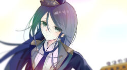 Rule 34 | 1girl, :|, black eyes, blue hair, blue hat, blue jacket, blue necktie, blurry, blush, closed mouth, depth of field, expressionless, guitar, hair between eyes, hat, holding, holding instrument, hoshino ichika (project sekai), instrument, jacket, long hair, long sleeves, looking at viewer, mini hat, necktie, open clothes, open jacket, parted bangs, portrait, project sekai, ritzchrono, shirt, shoulder boards, sidelocks, simple background, solo, straight hair, white background, white shirt