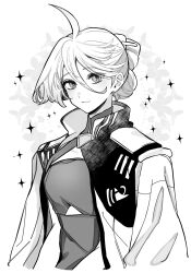 Rule 34 | 1girl, absurdres, ahoge, closed mouth, dress, emblem, formal, gundam, gundam suisei no majo, hair between eyes, hair up, highres, jacket, jacket on shoulders, looking at viewer, miorine rembran, monochrome, myong8 0, official alternate costume, official alternate hairstyle, shoulder pads, simple background, solo, sparkle, upper body