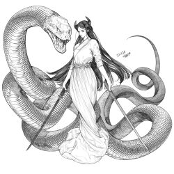 Rule 34 | 1girl, animal, arms at sides, closed mouth, dated, dual wielding, floating hair, giant snake, greyscale, heart, holding, holding sword, holding weapon, horns, lemon89h, long hair, long skirt, looking at viewer, monochrome, original, oversized animal, parted bangs, shirt, skirt, sleeves past elbows, snake, solo, sword, unsheathed, very long hair, weapon